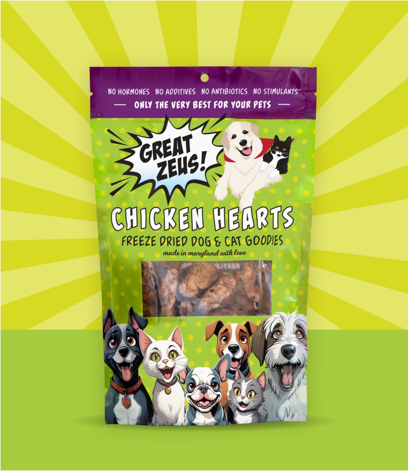 Great Zeus! Organic Chicken Heart Dog and Cat Treats front of package