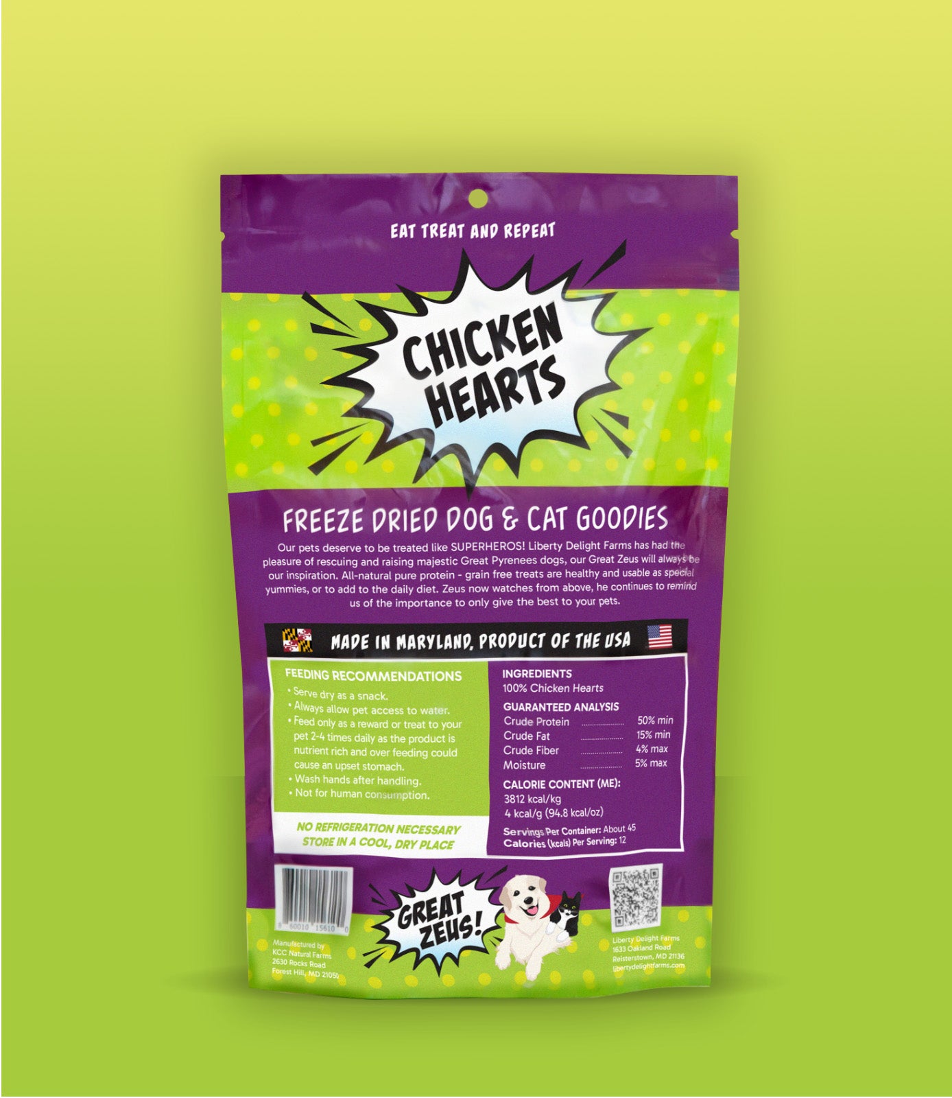 Great Zeus! Organic Chicken Heart Dog and Cat Treats back of package