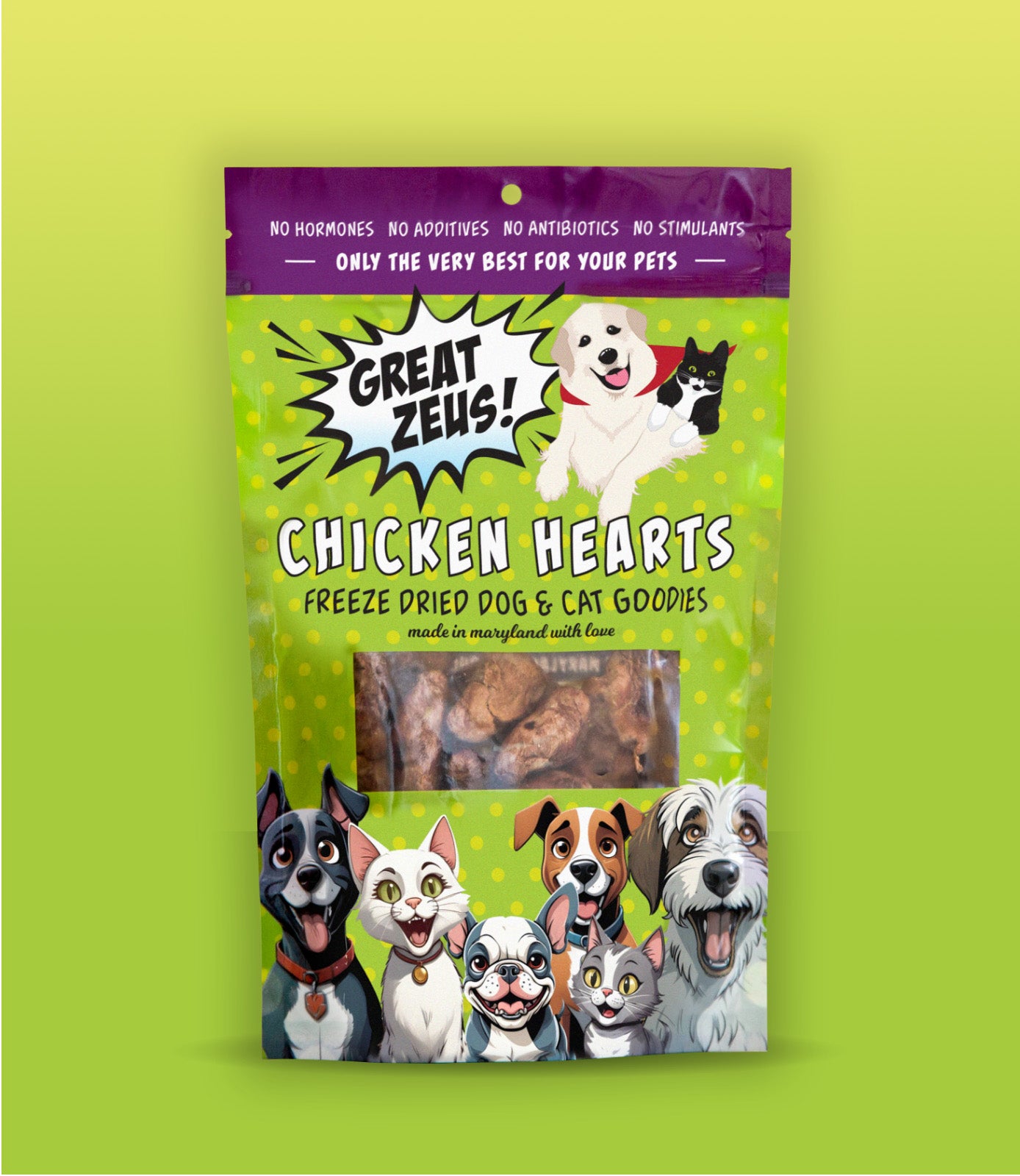 Great Zeus! Organic Chicken Heart Dog and Cat Treats front of package