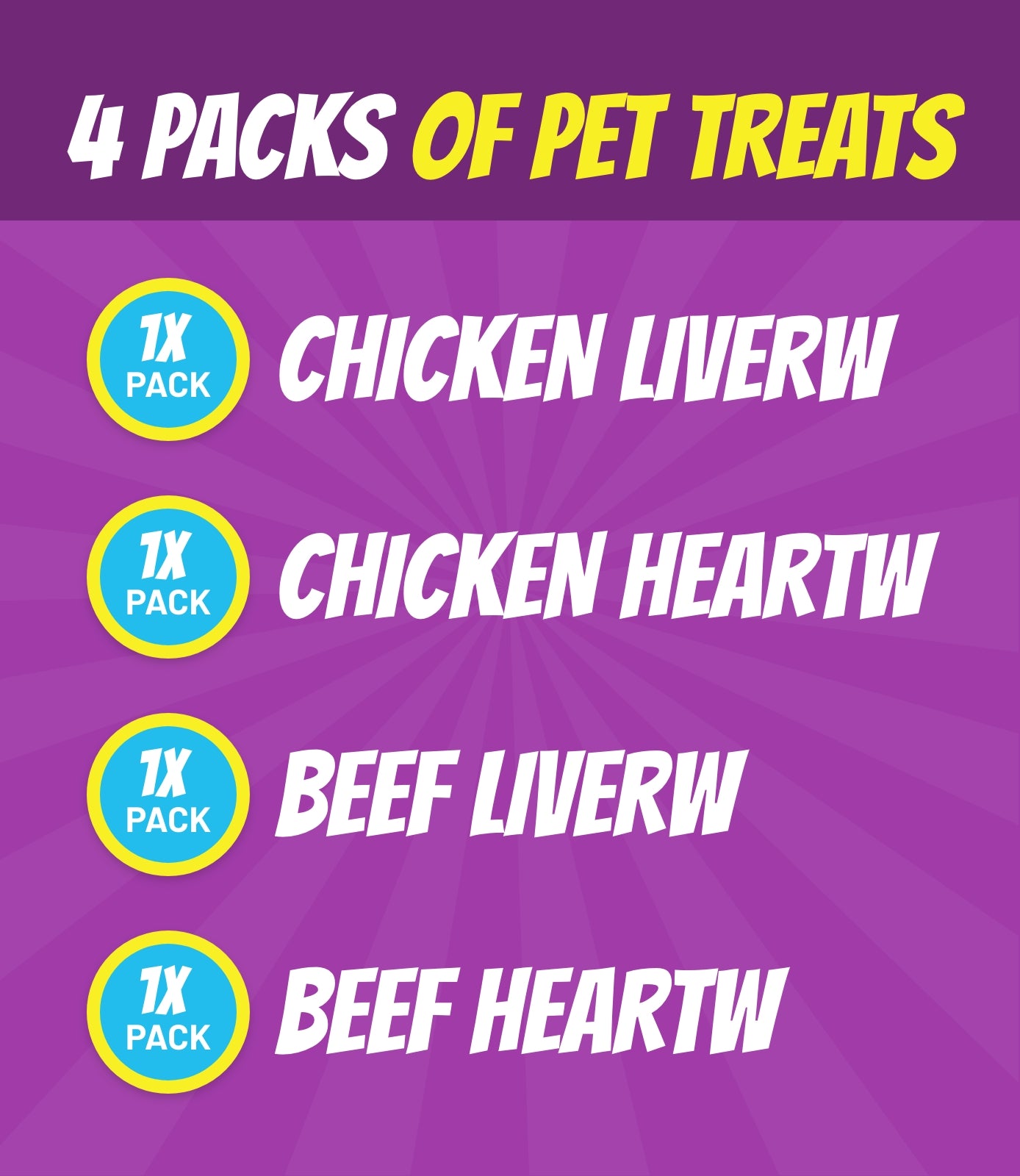 4 Pet Treat packs - 1x Chicken Livers, 1x Chicken Hearts, 1x Beef Livers, 1x Beef Hearts