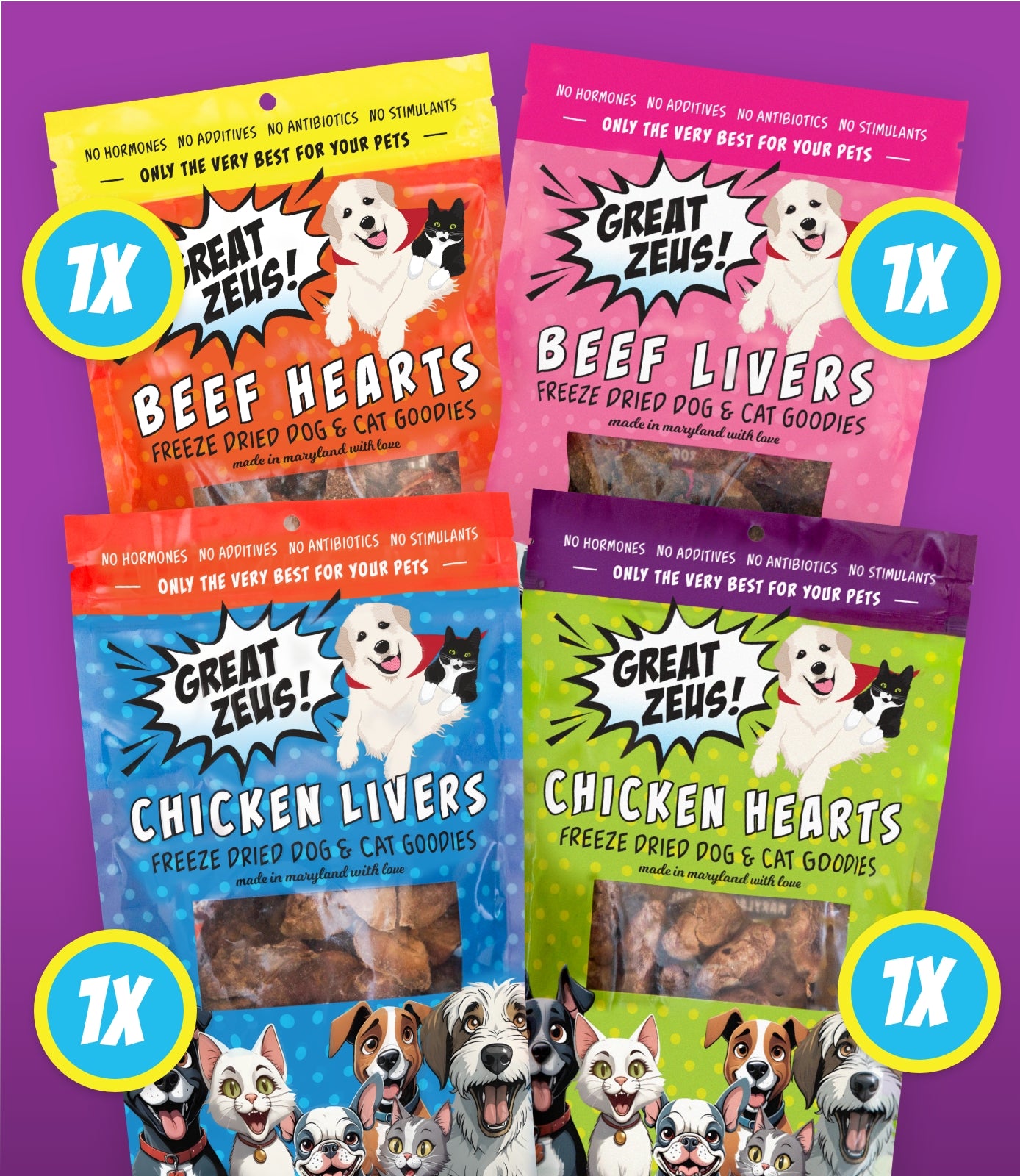 Great Zeus! Pawfect Bundle - Beef Hearts, Beef Livers, Chicken Hearts, and Chicken Livers