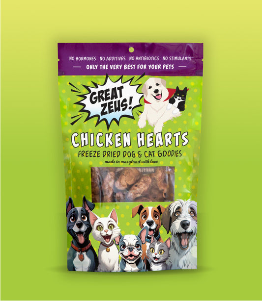 Great Zeus! Organic Chicken Heart Dog and Cat Treats front of package