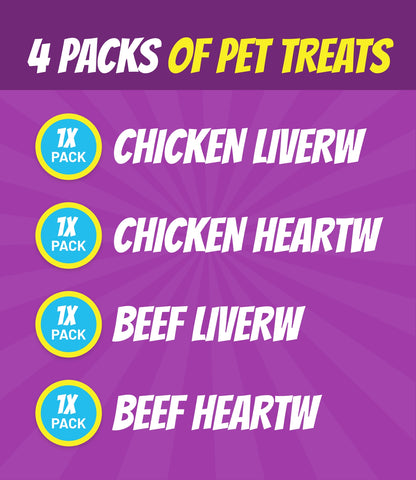4 Pet Treat packs - 1x Chicken Livers, 1x Chicken Hearts, 1x Beef Livers, 1x Beef Hearts